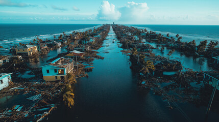 Obraz premium Aerial view of town devastated by Hurricane