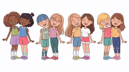 Four pairs of animated girls standing together, smiling and laughing. on a white background