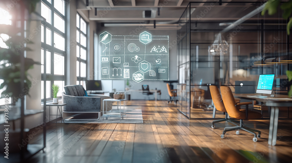 Poster digital process to increase work productivity concept visualization through virtual display of icons