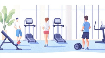 Fototapeta premium Gym interior with various exercise machines and people working out, strength, fitness