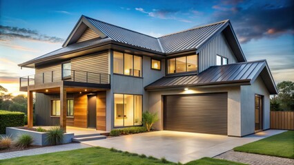 Corrugated metal roof on a modern house featuring industrial design