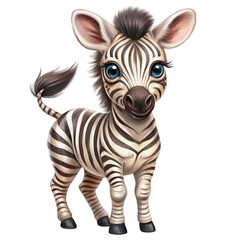 Cute portrait in cartoon style of a cute baby zebra Isolated on transparent background.