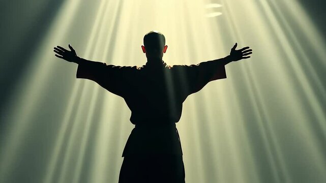 Silhouette of Shaolin Raising Arms