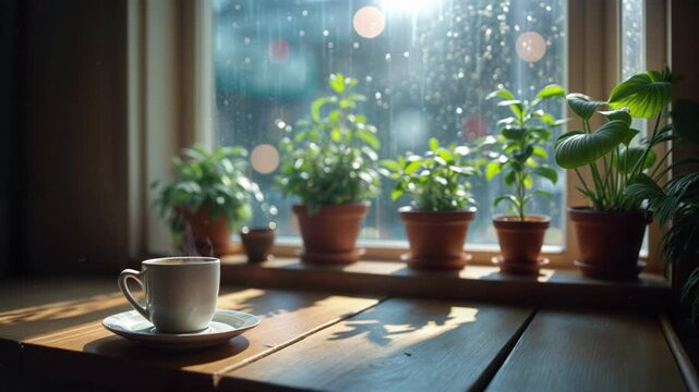 Coffee break by the window on a rainy day.
