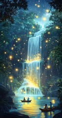 Two small boats with couples rowing on a lake lit by fireflies with a large waterfall in the background.