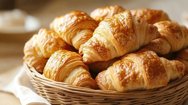 Basket of fresh golden croissants on a table