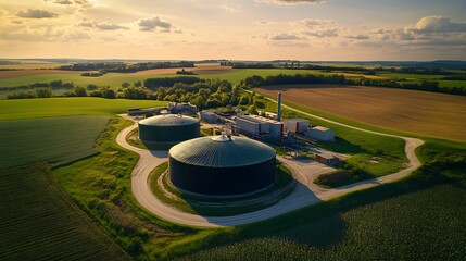 Overview of a rural biogas plant processing agricultural waste, with digesters and tanks surrounded by fields