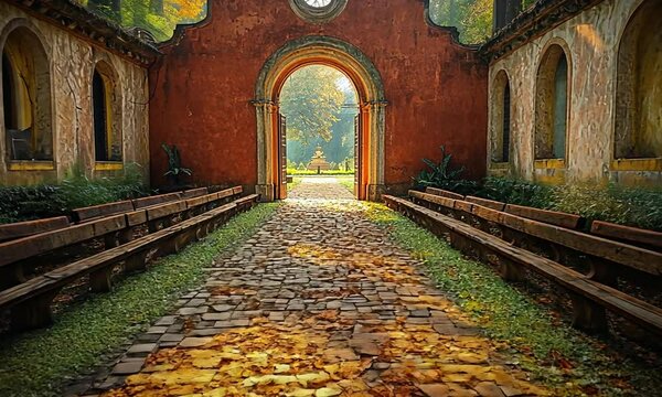 A Stone Pathway Leading Through a Red Brick Archway