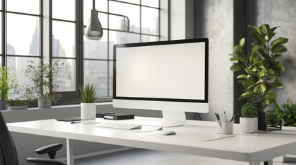 Fototapeta premium Modern office workspace featuring a white desk, large monitor, and minimalist design for efficiency