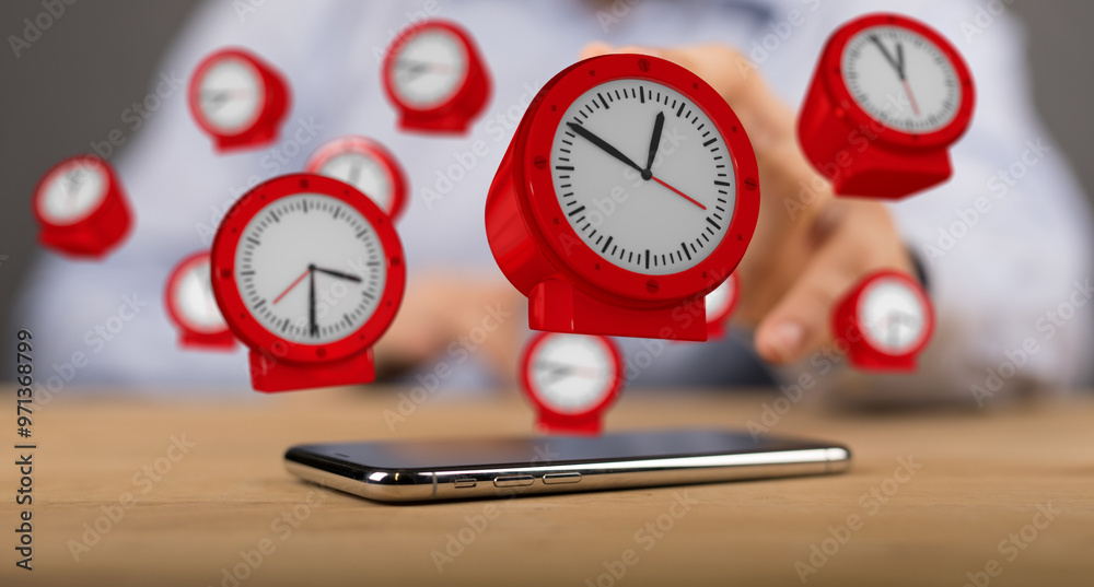Poster Time Management Concept with Floating Clocks and Smartphone