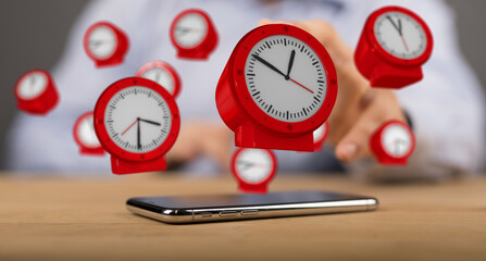 Time Management Concept with Floating Clocks and Smartphone