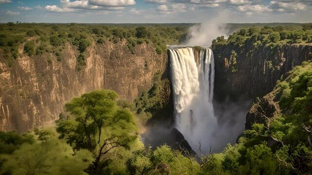 Scenic Water Fall At Victoria Falls In Matabeleland North Zimbabwe. Nature Waterfall. Zambezi River Landscape. Victoria Falls At Matabeleland North Zimbabwe. Southern Africa. Tourism Travel.