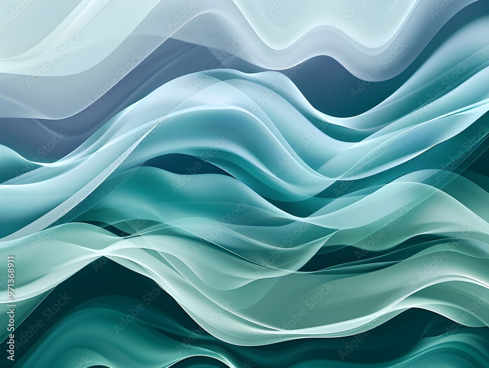 Poster a calming and peaceful abstract artwork featuring flowing, iridescent teal waves. the gentle curves 
