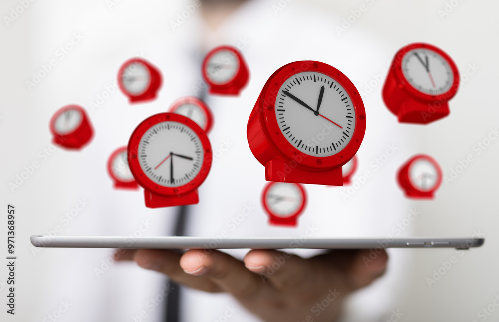Poster Floating Red Clocks Above a Tablet in a Business Setting