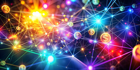 Fototapeta premium Glowing Abstract Financial Network Art: Vibrant Connections Symbolizing Profits, Savings, and Spending in Dynamic Digital Design