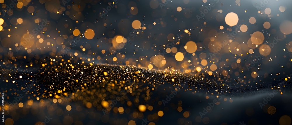 Poster a mesmerizing image of shimmering golden particles swirling against a dark background, resembling st