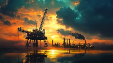 Obraz premium A sunset over a large industrial plant with a large fire in the middle