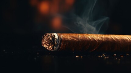 A cigar is lit and the smoke is rising. Concept of relaxation and indulgence, as smoking a cigar is often associated with leisure and enjoyment