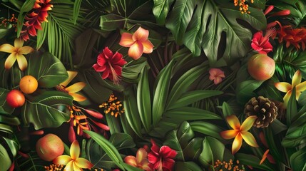 A lush green jungle with a variety of flowers and fruits. The colors are bright and vibrant, creating a sense of life and energy