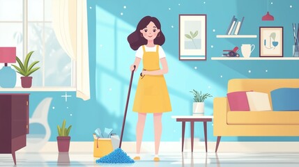 A woman cleaning a bright living room with plants and colorful decor on a sunny day