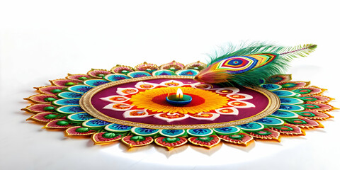 Vibrant 3D Isolated Peacock Feather and Rangoli Vector Design on White Background - Colorful Cultural Art with Clean Lines and Glowing Detail