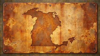Fototapeta premium Vintage rusty metal sign greetings from Michigan with distressed lettering and Michigan map