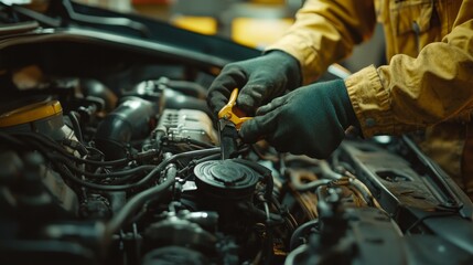 Skilled auto mechanic diagnosing engine issues in a well lit garage with tools and parts in focus
