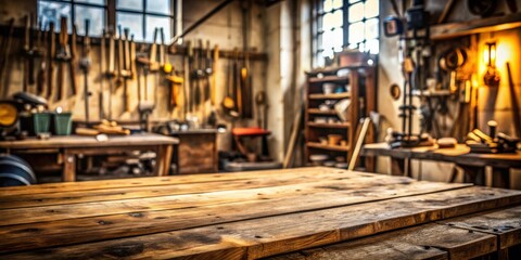 Rustic wooden table set against a blurred workshop background