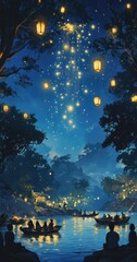 A serene night scene with people in boats and floating lanterns against a backdrop of a starry sky.