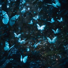 Enchanting Bioluminescent Forest with Glowing Butterflies Fluttering Through the Magical Ambiance