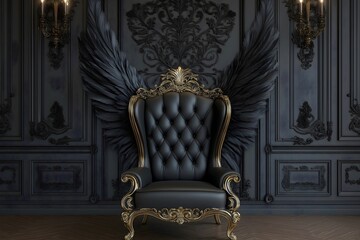 Fototapeta premium Black angel wings digital backdrop antique armchair with gold crown, retro walls, Halloween.