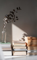 Aesthetic book background, old stacked books, with copy space, vintage and retro mood