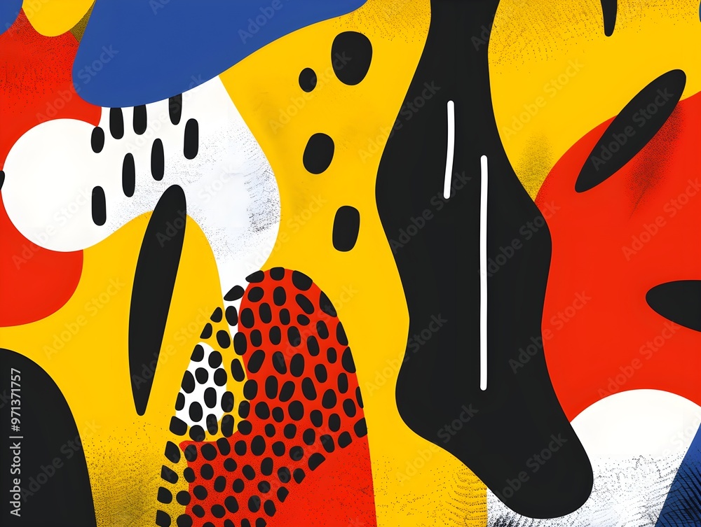 Poster a vibrant abstract design featuring bold shapes and polka dots in bright colors like yellow, red, bl