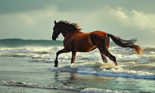 Wild horse running on the beach, hyperrealistic Video