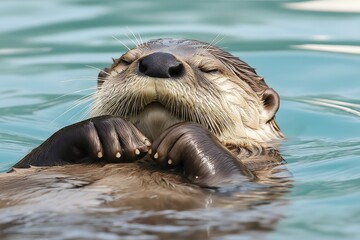 An otter swimming on his back in water relaxing. Nature scene, wildlife. Mammal in nature.