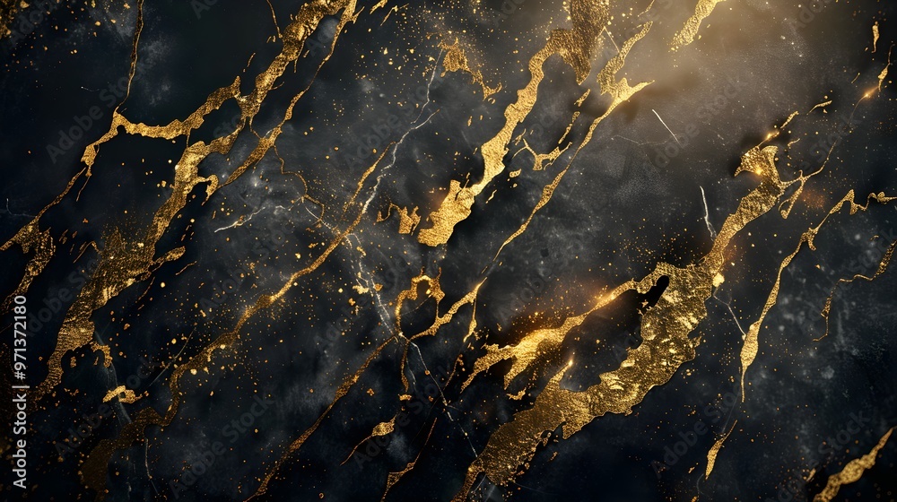 Poster a luxurious black marble texture with striking gold veins and splashes, creating a sophisticated and