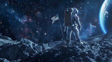 Obraz premium Astronaut Planting Flag on Asteroid Emphasizing Space and Resource Mining