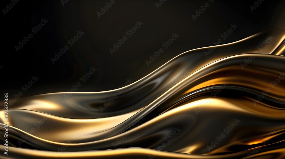 Poster a sleek abstract design featuring flowing black and gold waves, creating a luxurious, smooth, and el