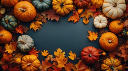 Fototapeta premium A colorful arrangement of pumpkins and leaves on a dark background