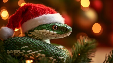 Fototapeta premium Festive green snake in santa outfit coiled by christmas tree radiates holiday cheer and warmth