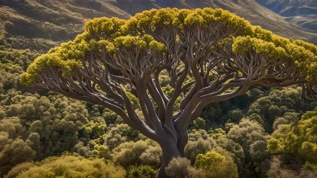 Aerial view of the famous thousand years old Dragon Tree in Icod de los Vinos town, Tenerife, Canary Islands, Spain. Drone orbit shot of the famous Drago Tree. Millenario Giant Draceana tree.