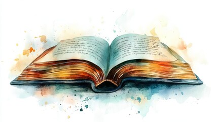 An artistic watercolor illustration of an open book, showcasing vibrant colors and creative splashes, ideal for literary themes.