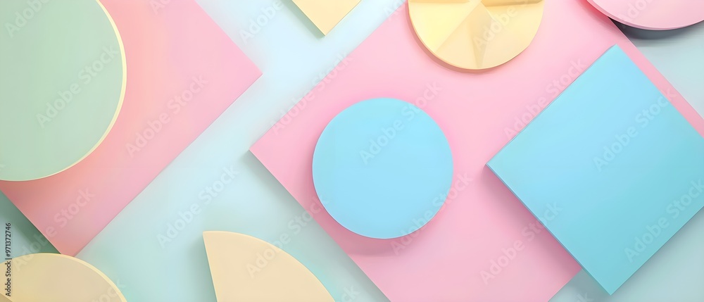 Poster a modern abstract design featuring geometric shapes in soft pastel colors, including pink, blue, yel