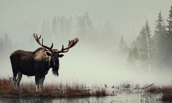 Majestic moose standing in a misty marsh, hyperrealistic Video