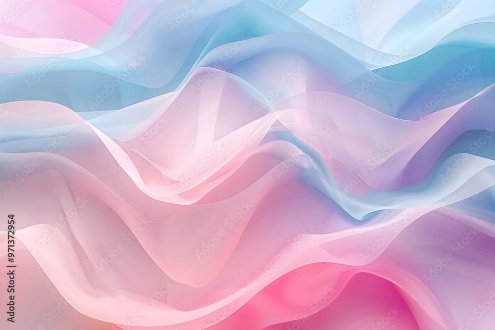 Poster a delicate abstract design featuring flowing pastel fabric in pink, blue, and purple hues, creating 