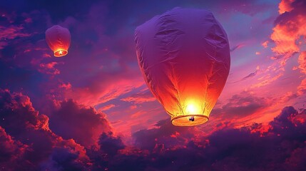 Bright orange lantern floating above colorful sunset clouds
