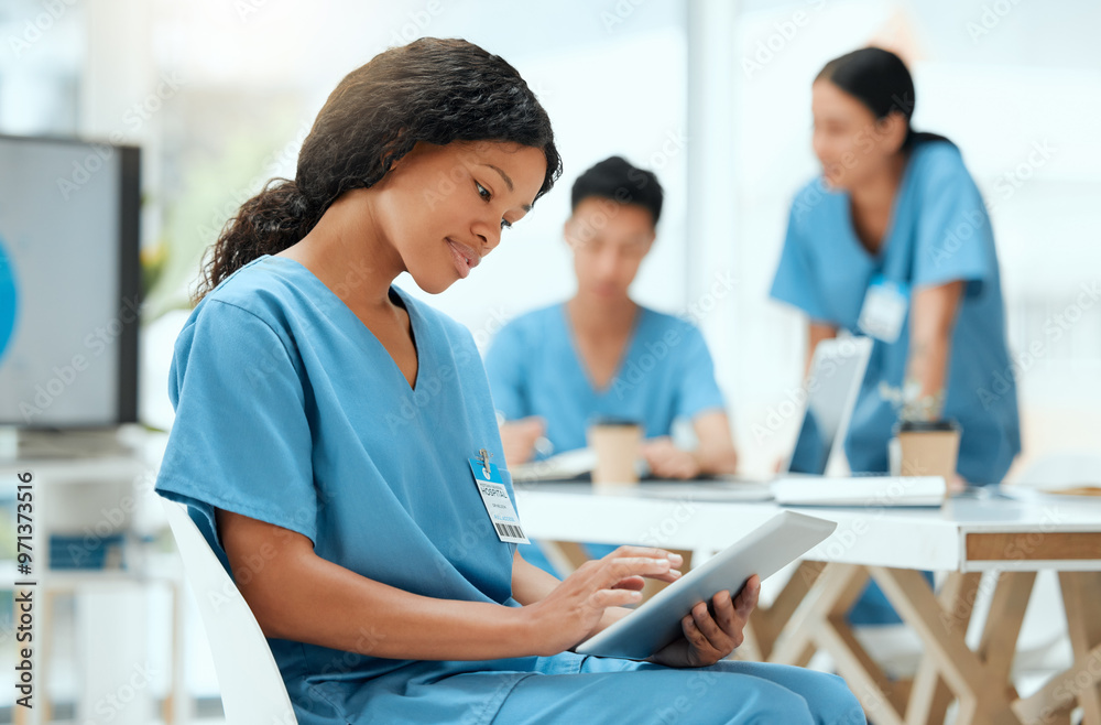 Poster woman, medical student and happy with tablet on teamwork and collaboration for research. people, int