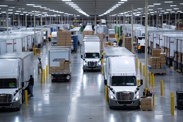 Fototapeta premium Bustling distribution center with neatly parked trucks and organized loading bays during daytime operations