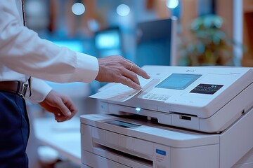 Businessman printing documents in a modern corporate office during the day