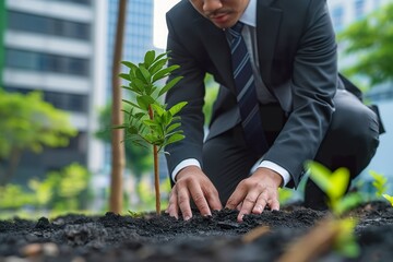 Businessman in a suit plants a young tree in an urban setting, promoting environmental sustainability during a community event